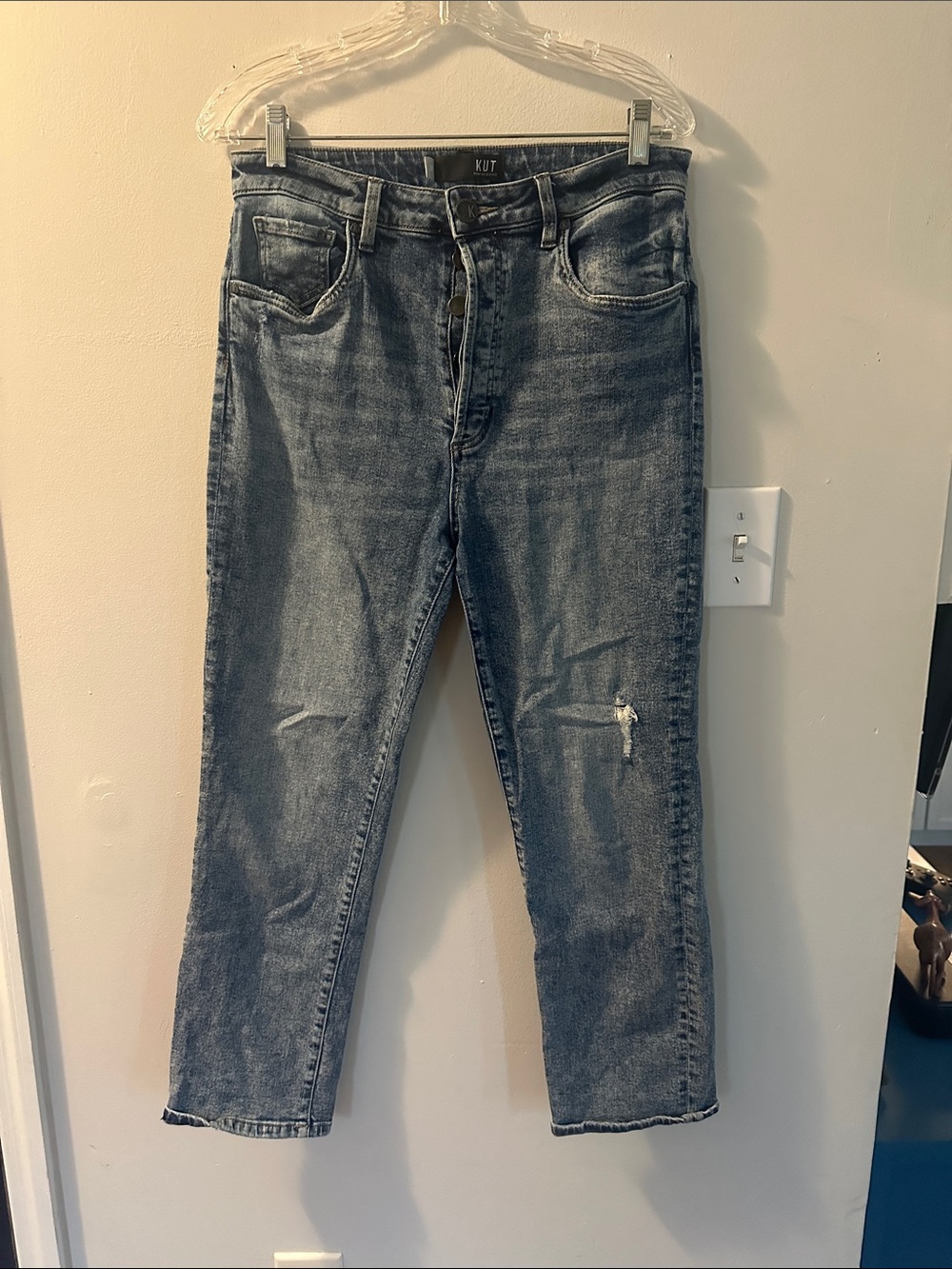 Kut from the Kloth Mid-Rise Cropped Distressed Jeans - Gray Wash